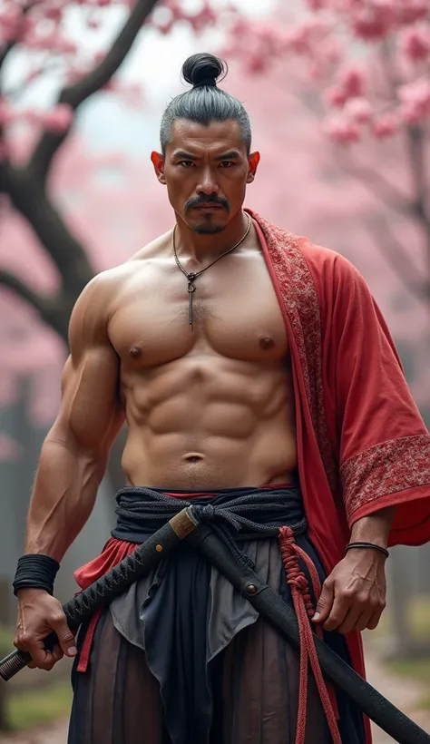 a handsome fat, extremely muscular middle-age asian (japanese) shogun, wide forehead, square jaw, alpha male, thick eye brow, grey hair in chonmage style, short grey moustache, short grey stuble, shirtless (exposed chest), expensive and transparent silky t...