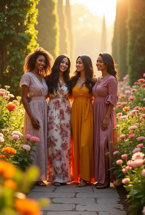 A vibrant and heartwarming scene featuring four women of diverse ethnic backgrounds—Asian, American, African, Arabian, and Latina—standing together in a lush, sunlit garden. Each woman showcases her cultural identity through traditional or modern clothing ...