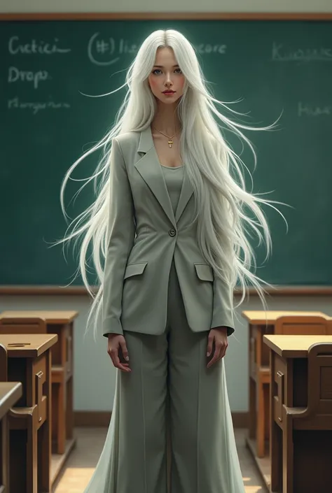 Tall beautiful woman with white hair in a school