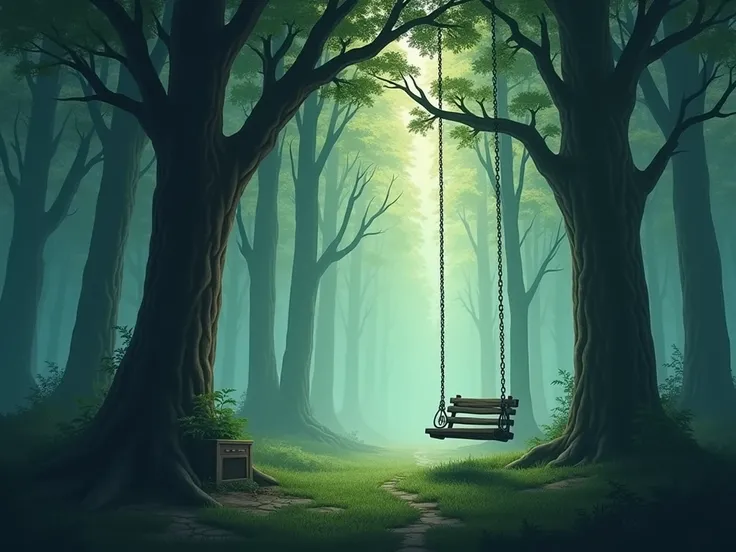 an enchanted forest,  with tall trees and long shadows that seem to move with the whispers of the wind.  There is a broken swing on a branch and a memory box at the foot of a tree .