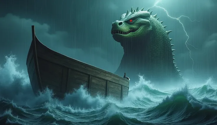 An ultra-realistic 8K depiction of Noahs Ark amidst a massive, chaotic storm at sea. The wooden ark is detailed with visible planks and beams, struggling against enormous waves under a dark, stormy sky illuminated by lightning. In the background, the colos...