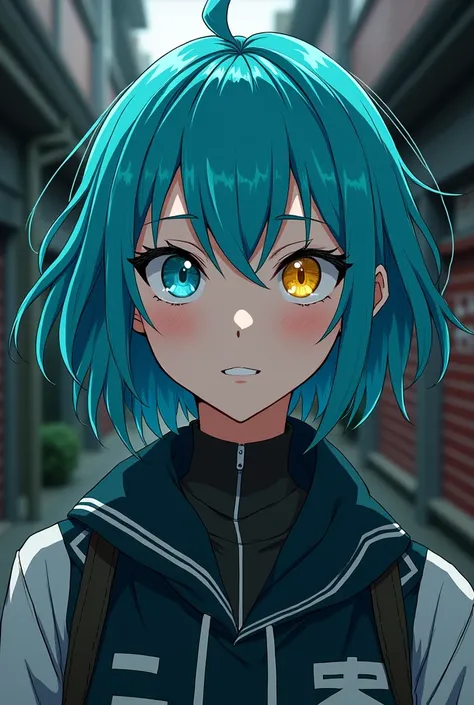 Tokyo revengers, Female gender, Aqua blue hair color, light skin,  left eye blue and right yellow ,  her haircut is Tomboy ,  she is dressed in the uniform of the Tokyo Manji gang , In the background a day alley ,  has a cheerful expression with a sinister...