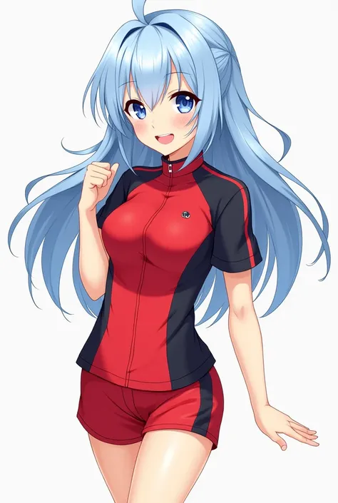 "A detailed anime-style illustration of a female character with long, flowing light blue hair. She is wearing a stylish red and black outfit, consisting of a sporty top and matching shorts or skirt. The character is shown in a confident and dynamic pose, w...