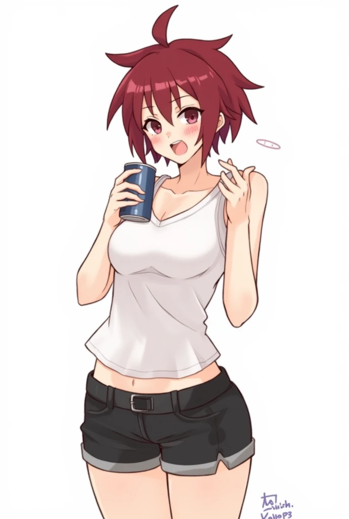 1girl, solo, looking at viewer, blush, open mouth, short hair, simple background, shirt, large breasts, white background, black shorts, spiked hair, cropped legs, genderswap (mtf), drink can, holding can, dark red hair, 胸に手を当てる