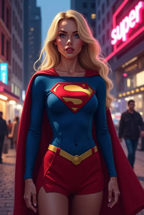 الصورة عبارة عن رسم توضيحي رقمي لامرأة شابة ترتدي زي Superمان. She stands on a street at night, with a neon sign that says  "Super" In the background.  The woman has blonde hair and wears a blue and red suit with a red cloak .  She has a serious expression...