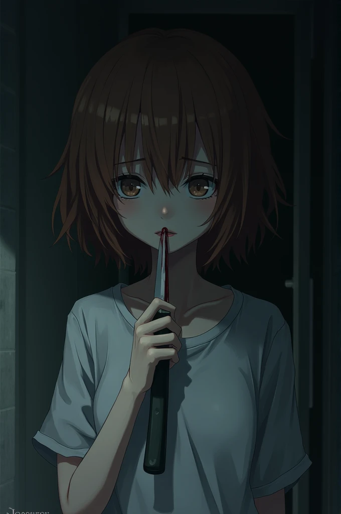 Dead inside, 1 anime girl, A knife at the throat, blood