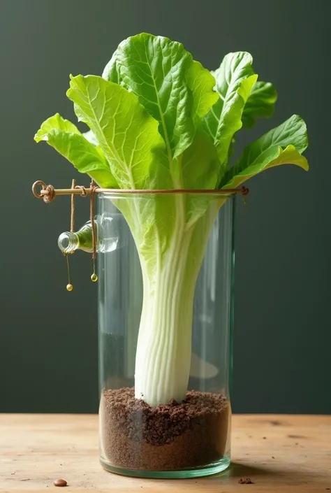  CONTAINER, CREATE A REALISTIC PHOTOGRAPH WITH GRAPHIC BASES OF A LETTUCE CROP DRIPPED BY DRIP, DRAWN FROM A THIN TUBE PRESENT ON A STICK CONNECTED TO A SMALLER PLASTIC BOTTLE ATTACHED TO THIS STICK LOCATED HORIZONTALLY ON THE SIDE OF THE LETTUCE CROP, ATT...