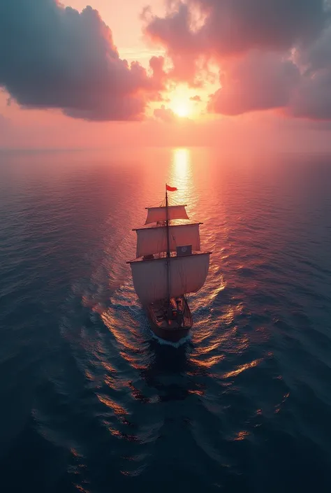 / imagine A cinematic aerial shot  (16:9) of a vast ocean at dawn .  A small Merchant with inflated sails sails alone towards the horizon,  that merges with the sky in shades of pink , orange and purple.  The camera is positioned behind the ship ,  emphasi...