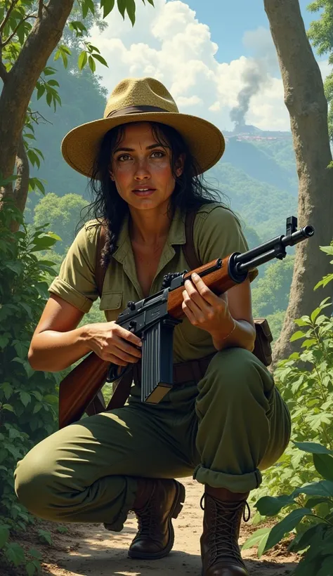 A determined Cuban female guerrilla fighter crouches in the dense, rugged terrain of the Sierra Maestra mountains during the 1950s Cuban Revolution. She wears practical, weathered clothing—a buttoned khaki shirt, rolled-up sleeves, and sturdy olive-green p...