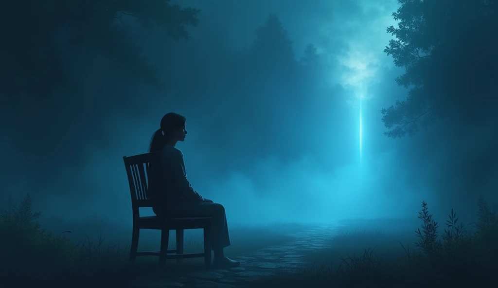  A night scene ,  where a person is sitting alone in a chair ,  looking thoughtfully at the void ,  with a light mist around her . As she prays,  a soft blue light begins to envelop her ,  symbolizing the presence of the Holy Spirit .  The surrounding envi...