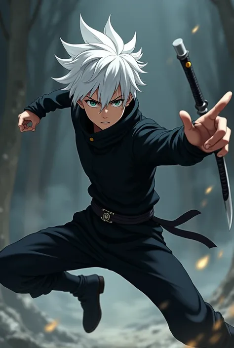 White-haired male anime boy in a black ninja costume jumping and shooting a ninja star with mascaria 