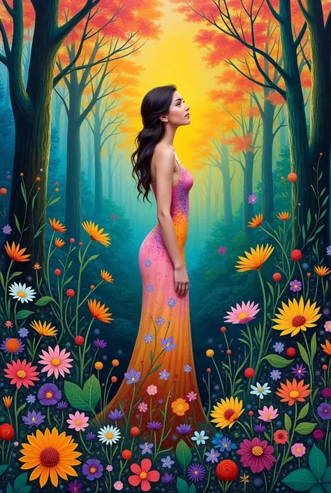 modern painting, woman,  forest, flores, colorful