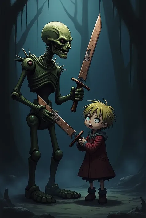 William Afton Springtrap and Chara from Undertale together teaming up with knives with anime faces

