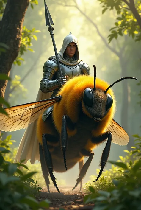  A medieval knight in shiny silver armor with intricate details rides a giant bee in a magical forest. The knight, hooded,  has a clear face similar to Cristiano Ronaldo and prominent with a determined expression. He holds a long, pointed spear and sits co...