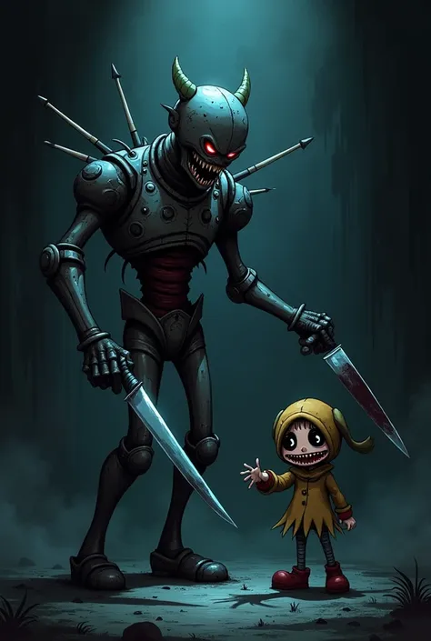 William Afton Springtrap and Chara from Undertale together teaming up with knives with anime faces

