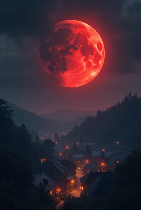 Partly red moon, in a small town . The medium-sized moon