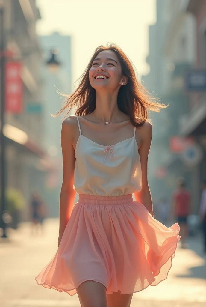  Dreamy and smiling young woman ,  looking up at the sky walking on the street, to do,  pastel color .  She is wearing a skirt . Close-up  