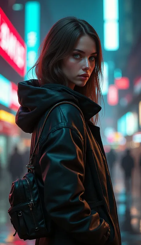 A realistic beautiful cyberpunk girl with green eyes and long brown hair stands at her full height in a cyberpunk night city with neon signs 