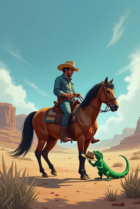 The same iguana returns the cowboy hat to a man riding a horse