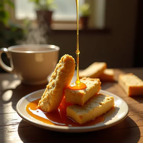 Shortbread butterscotch fingers, pouring syrup butterscotch, Super Detailed, Sunny day, darkroom, dim light, a cup tea beside