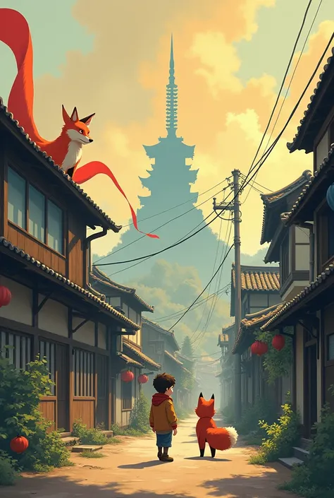 Ghibli-style poster .  a city boy meets a mysterious fox and a red ribbon in a rural Japanese-style city. fantasy and mystery .  dark figures appear next to fantastic characters 