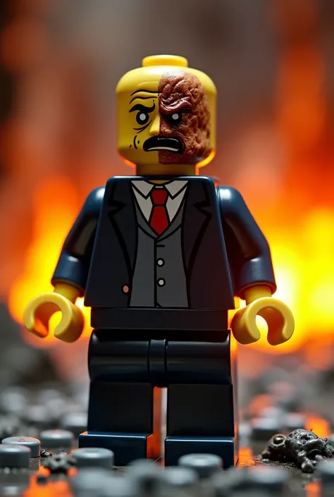 Alta calidad, 8K Ultra HD, "Create a LEGO-style image of the dramatic moment from Breaking Bads season 4 finale, when Gustavo Frings face is black is disfigured after the explosion. The scene shows a close-up of LEGO Gustavo Fring’s face, with half of his ...