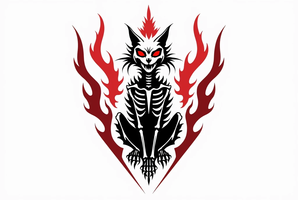 Create a black and red skeleton cat death metal band icon, White background、 simple、Symmetrical Design