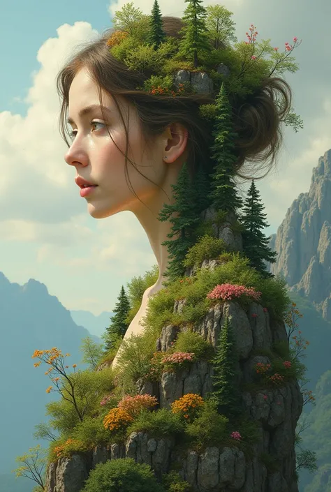 Une belle femme avec un corps dans lequel poussent une forêt, des fleurs et des rochers dans le style de Léonard de Vinci. Limage est dessinée dans des couleurs pastel à lhuile avec des détails très fins et une résolution 8K exceptionnelle.