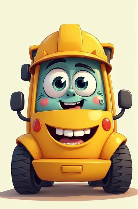 Forklift cartoon mode with eyes and smiling wearing a yellow safety helmet
