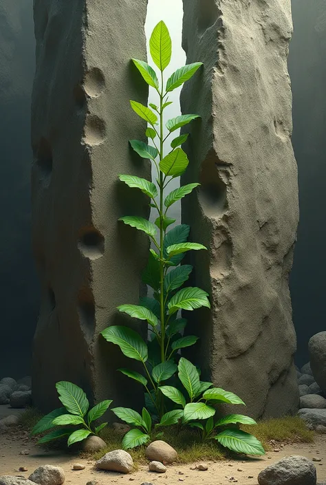 A symbolic image of a large rock viewed from inside. The rock has a single vertical crack resembling a narrow window. Inside this crack, a resilient green plant is growing. The plants growth is gradual and progresses upward, with the crack widening slightl...