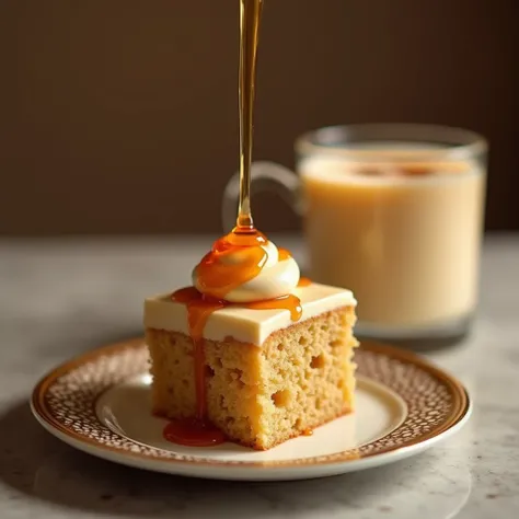 "A single slice of miniature butterscotch cake topped with butterscotch cream, as rich butterscotch syrup is dramatically poured over it. The composition is super detailed, paired with a cup of butterscotch cream milkshake, featuring a swirl of syrup insid...