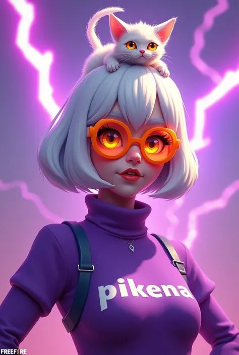  Game Free Fire , with white hair with a kitten on her head ,An orange glasses  ,  purple turtleneck shirt written” Pikena”, with a lilac background with lightning  