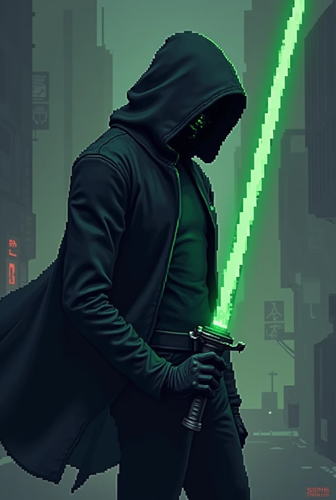 Luke is a Squaker and wears a separate black suit and a green laser sword and is described from the side view, and the image is pixelated 
be like the world of sega games
And have his hoodie on his head, and his face is not visible.