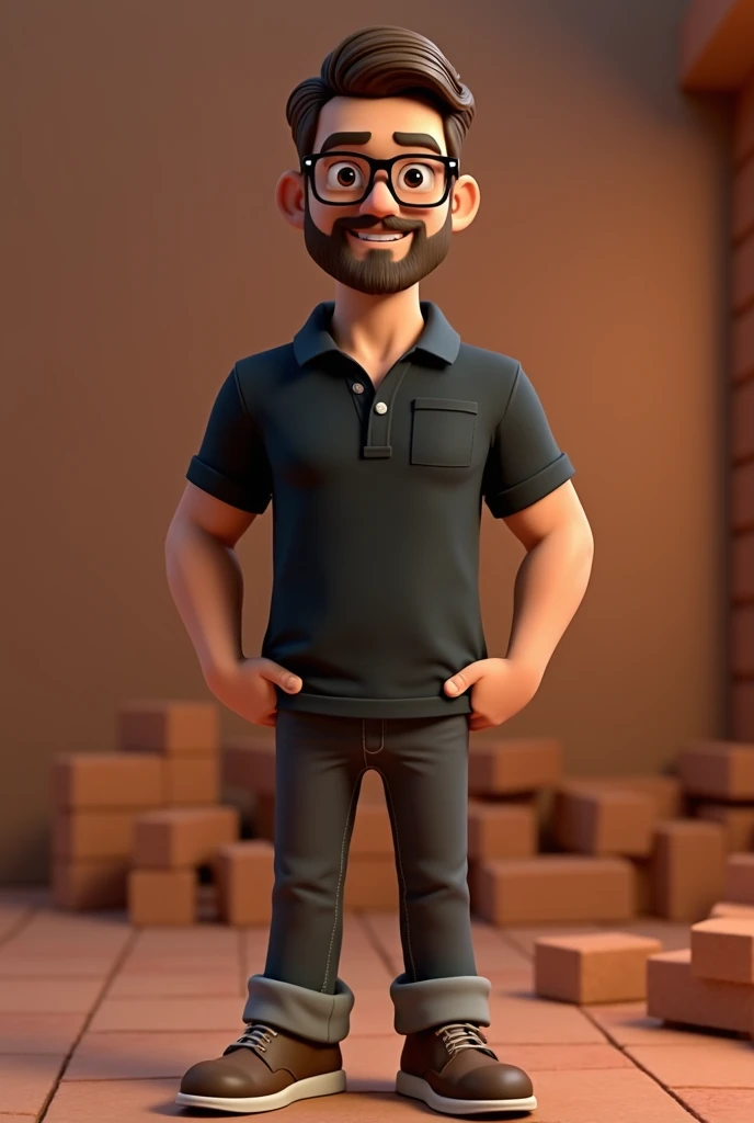 Create an image of a complete bricklayer, standing, wearing shoes, cartoon of a man with black glasses and a black polo shirt, straight hair, with a beard, stylized character, show the entire body, not just the torso, style rendering animation, stylized 3D...