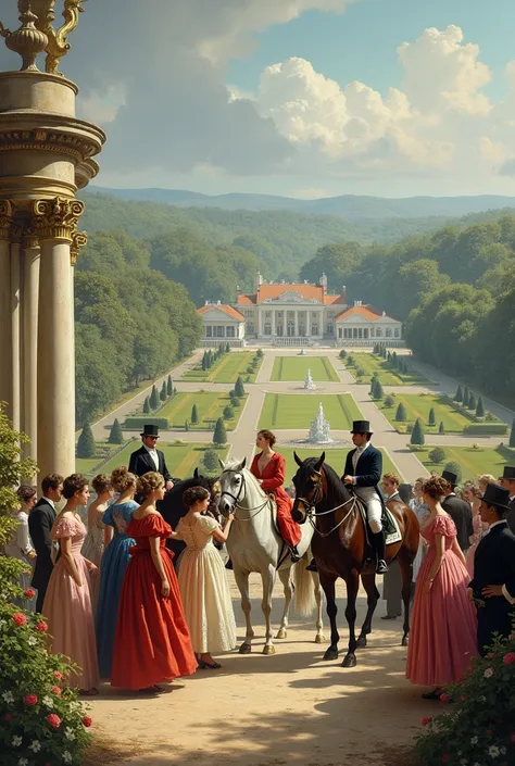 Color photo of a racing stable an aristocratic equestrian estate in Europe,in the 19th century. With horses, jockeys and ladies in colorful dresses in the foreground.