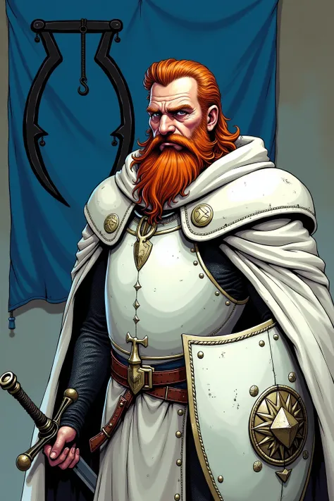  Meryn has a dour face with a sour mouth and pouchy bags under his droopy eyes. He has rusty-red hair spotted with grey and a rust-colored beard. Meryn is tall and somber. He is 45 years. He usually wears the long white cloak and white plate armor. He wiel...