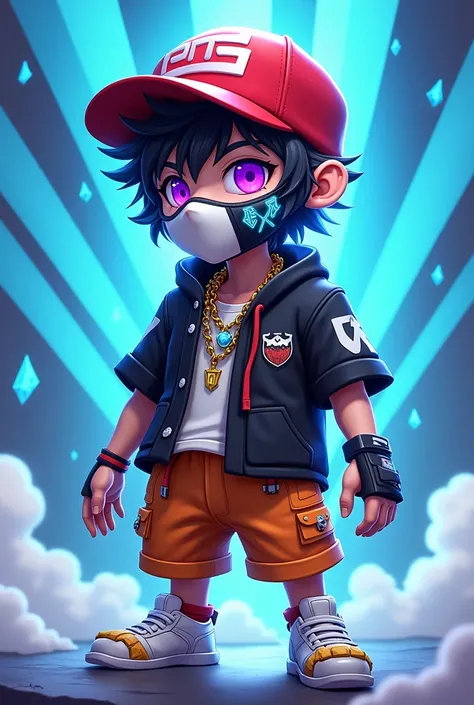 I want a male Game Free Fire style character, red cap, mask with one side white , and the other side black with stripes ,  black flow shirt , orange shorts with yellow tips ,  white shoe,and purple eyes,  with the name written "RT FREAKY ",  personalized w...