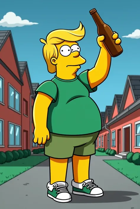  Donal Trump from the Simpsons lifting a bottle with a green t-shirt, shorts and sneakers 