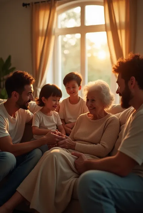 A warm, cozy living room at sunset, where a multi-generational family sits together on a large couch. The elderly grandmother gently holds her grandchild’s hand, while the parents and siblings smile and share quiet conversations. Soft light spills in throu...