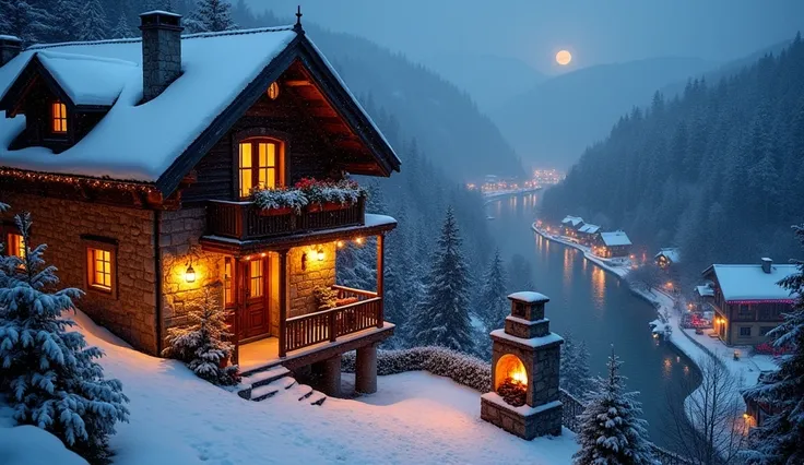 A peaceful and magical night, with snow falling gently, covers the top of a mountain where a beautiful stone and wood house in the Swiss style stands.  side view,  the house has a charming porch with green foliage and vibrant flower pots that contrast deli...