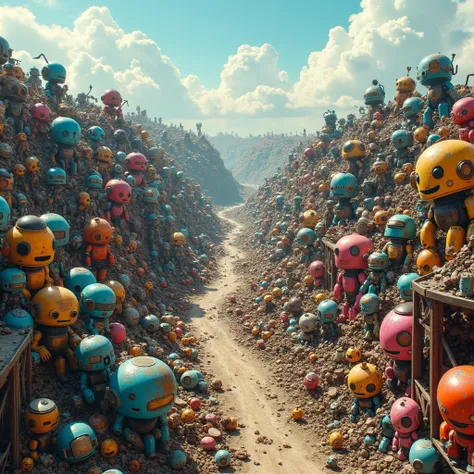 an aerial view of a  colorful robot junkyard in the year 2099, piled with mountains of helpful, happy and harmless mechs, droids and robots, all junked and dented, the vast junk yard stretching to the horizon 