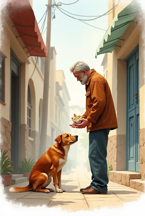 Man feeding a stray dog.  illustration. watercolor. 