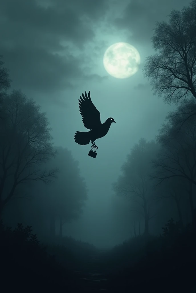 A shadowy, eerie forest with dark, overcast skies. A pigeon with a small, mysterious package attached to its leg is flying through the air, soaring above the trees. The forest is filled with fog, and there’s an unsettling sense of anticipation in the air. ...