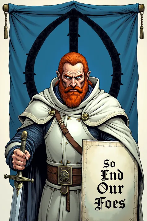  Meryn has a dour face with a sour mouth and pouchy bags under his droopy eyes. He has rusty-red hair spotted with grey and a rust-colored beard. Meryn is tall and somber. He is 45 years. He usually wears the long white cloak and white plate armor. He wiel...