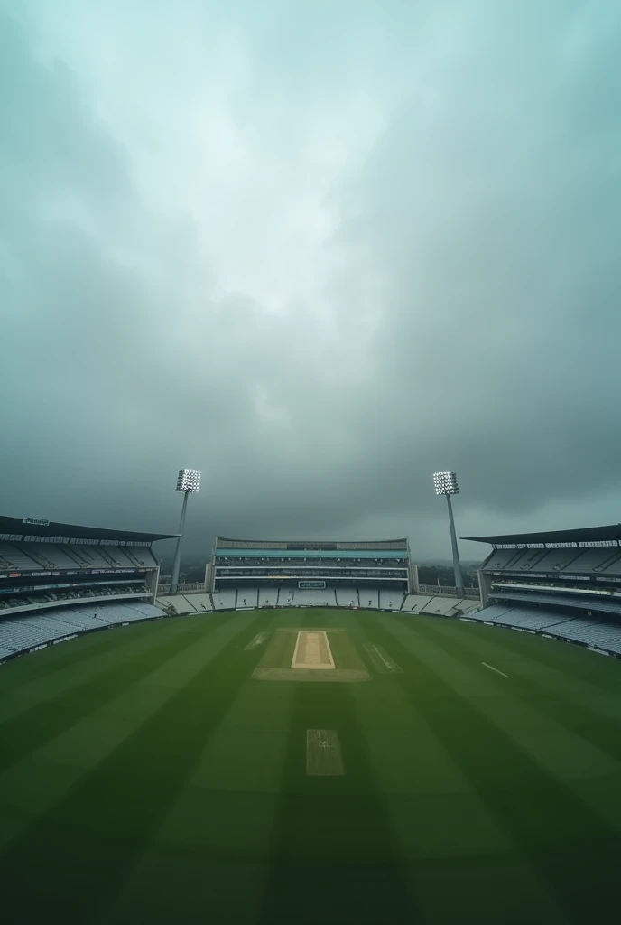 Aerial wide-angle shot of an empty cricket stadium under a thick blanket of soft, grey clouds. The green pitch at the center appears slightly muted in color, with diffused light spreading evenly across the scene. The stadiums architecture stands out in sta...