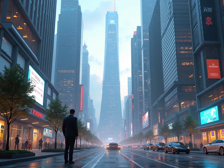 a futuristic city showing the city through the sight of a person on the street