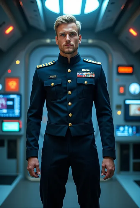 a tall young man, scottish, with bright blue eyes, short blond hair, kind and curious expression, wearing Stargate Atlantis military uniform, standing on the bridge of a spaceship, 1 man, portrait, highly detailed, photorealistic, cinematic lighting, drama...