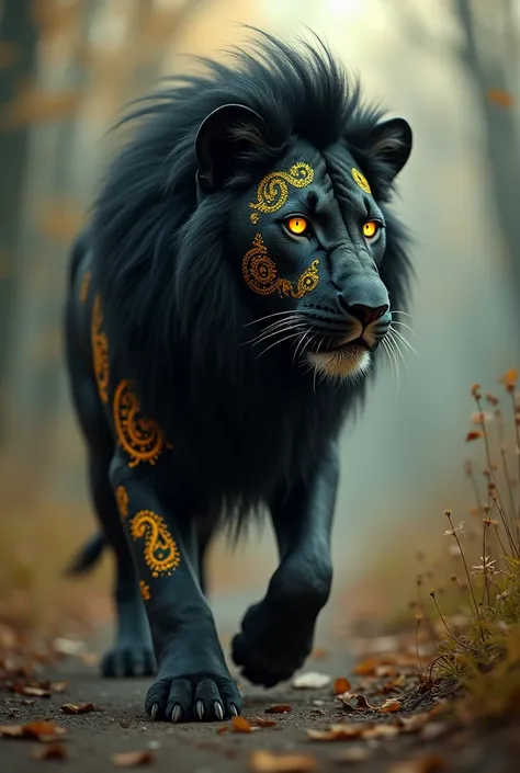  Surrealist scenes in photorealistic style . A magical black lion with yellow eyes with mysterious patterns carved on her body walks around looking like a lion..  The patterns reflect light and emit a mysterious glow .  The creatures mane wobbles in the wi...