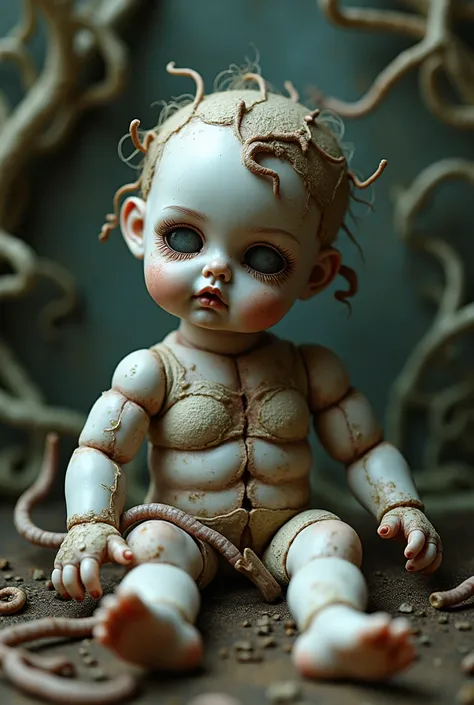 Create a broken doll, Lifeless but tender ,  that worms come out of its crevices, With rhizomes and adorable
