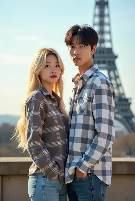 Featuring Poto A beautiful face Korean girl 20 years old hair long hair yellow white plaid shirt outfit and long jeans standing alongside a Korean cowo handsome face 20 years old white blue plaid shirt dress both facing forward whose backdrop is in a touri...